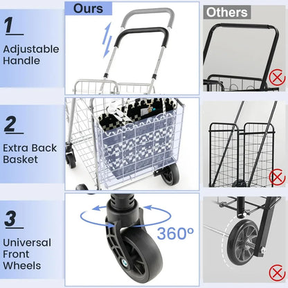 Folding Shopping Trolley with Double Basket, 360° Rotating Wheels & Adjustable Handles - Perfect for Luggage & Travel