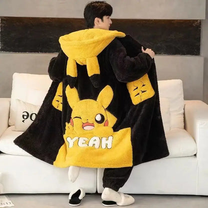 Gengar Pokemon Pajamas Set — Men’s Large Winter Coral Fleece Hooded Nightgown, Thick Warm Anime Home Suit