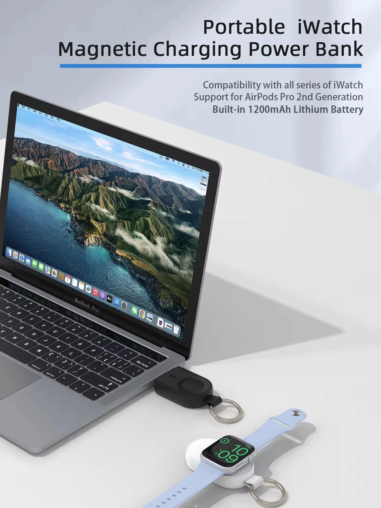 Wireless Power Bank Charger — Compatible with iWatch Series 1–9, SE, Ultra & AirPods Pro 2nd Gen, Easy Plug Recharge