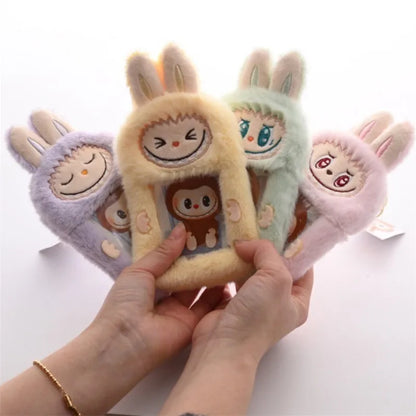 Kawaii Labubu Fluffy ID Card Keychain – Cartoon Sliding Card Holder for Students, Meal & Bus Cards, Cute Photo Album Gift for Kids