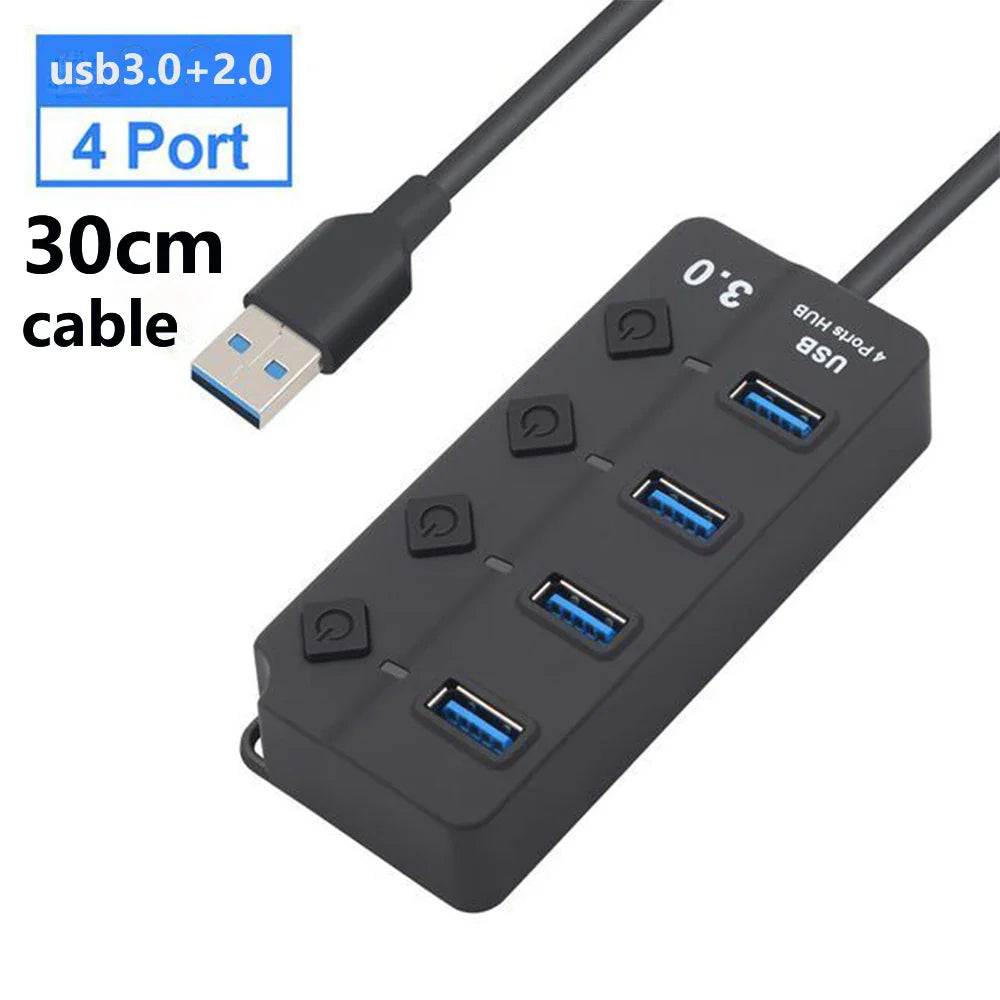 USB 3.0 Hub — 7-Port High-Speed Splitter with Power Adapter, Switch & Long Cable Expander