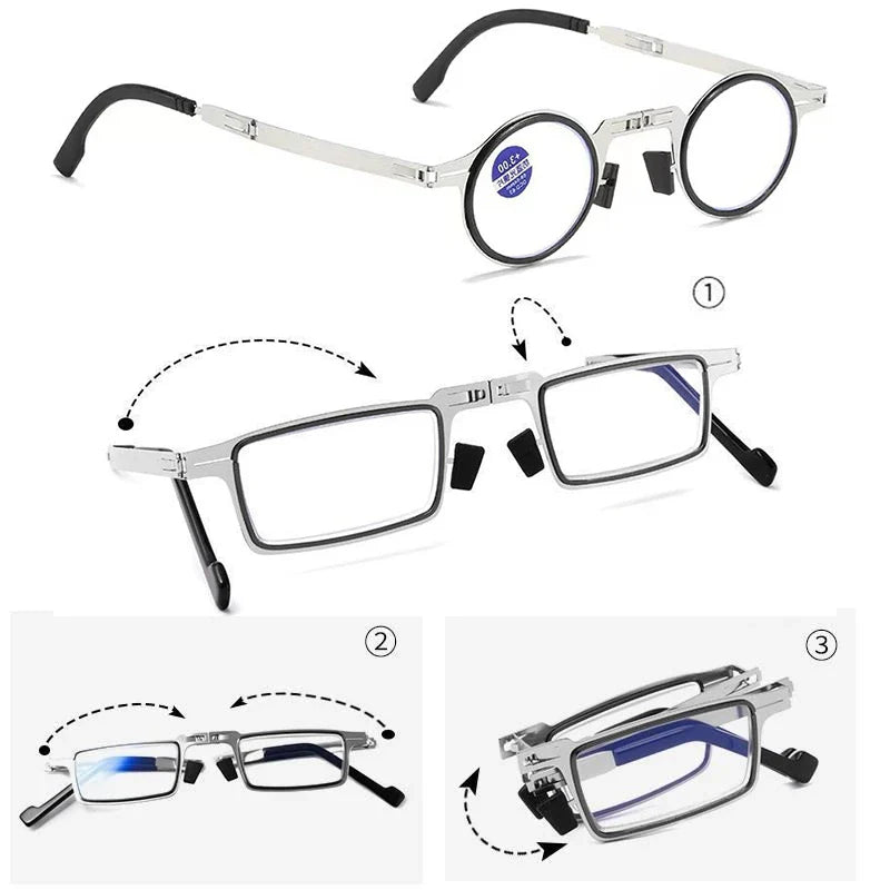 Unisex Folding Reading Glasses – Full Metal Frame, Transparent Lenses, Anti-Blue Light with Case