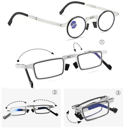 Unisex Folding Reading Glasses – Full Metal Frame, Transparent Lenses, Anti-Blue Light with Case