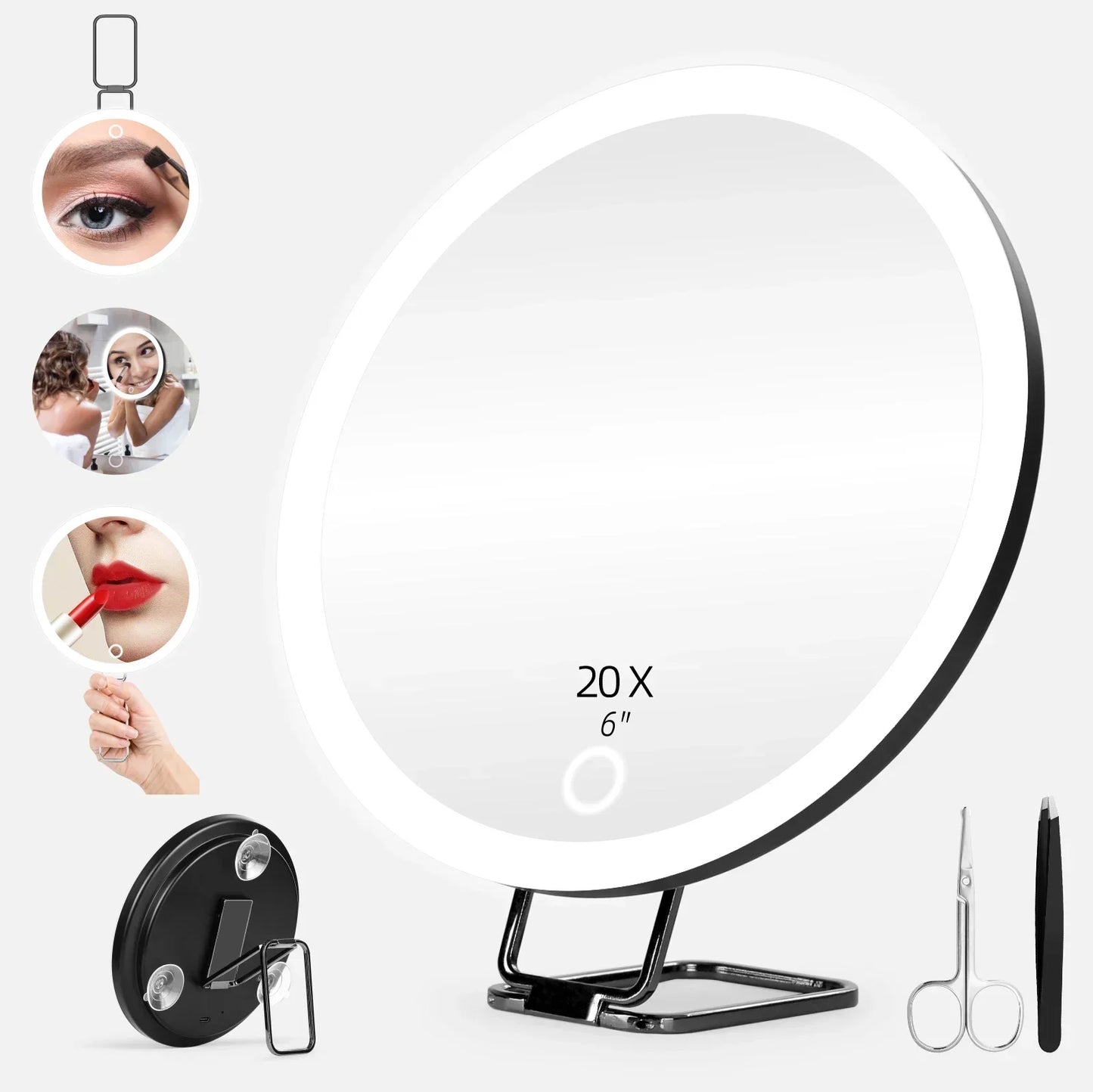 6 Inch Magnifying Mirror with Light - 5X-30X Portable Travel Mirror, 360° Adjustable Stand, Suction Cup