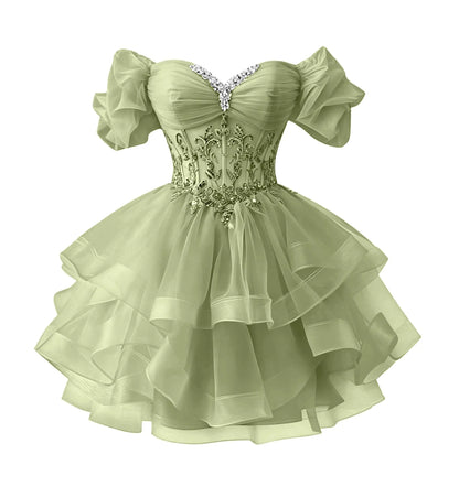 Beaded Lace Homecoming Dress - Short Tiered Tulle Sequin Prom & Quinceañera Gown