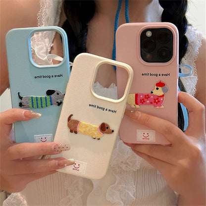 Cute Cartoon Dachshund iPhone Case – Litchi Texture Cover for iPhone 11–17 Pro/Pro Max/Plus/XS Max/XR
