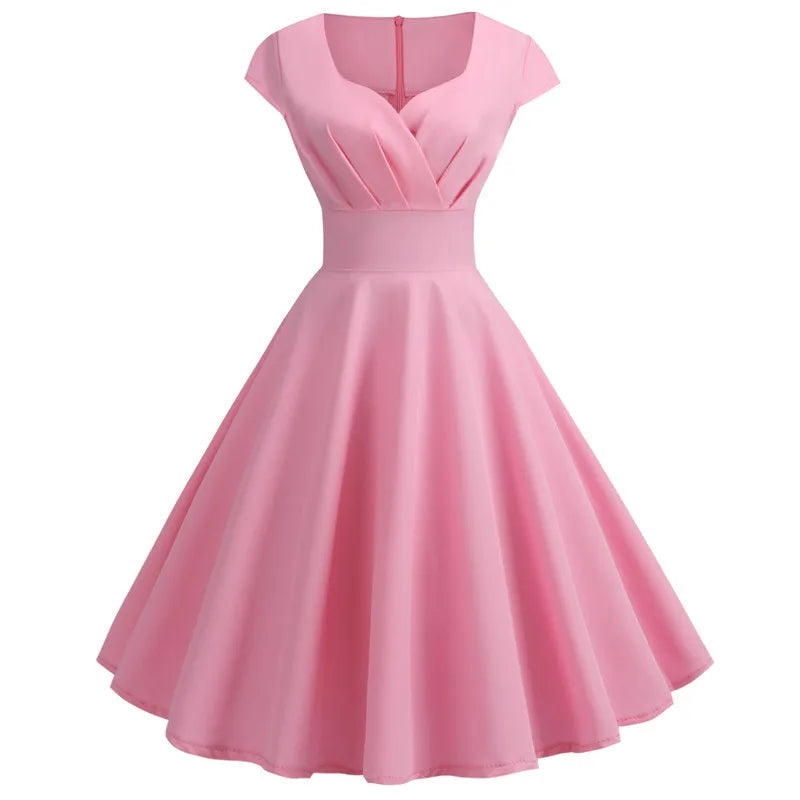 Women’s Pink Summer Dress – V-Neck Vintage Retro Midi Party & Office Dress