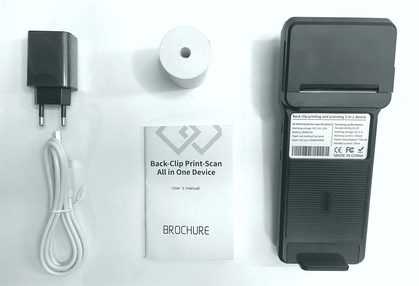 58mm Thermal Printer & 2D Bluetooth Scanner - 2-in-1 Mobile Back Clip with 7.4V 3000mAh Battery