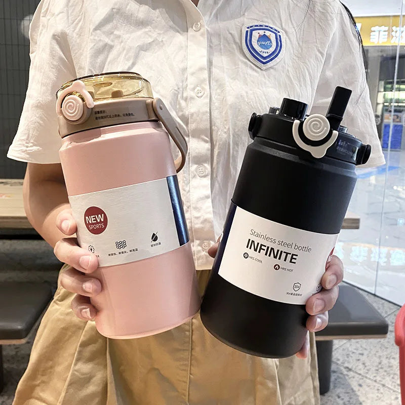 1L/1.2L Stainless Steel Thermal Water Bottle – Vacuum Insulated Thermos Cup with Straw, Hot & Cold Drink Tumbler for Gym & Travel