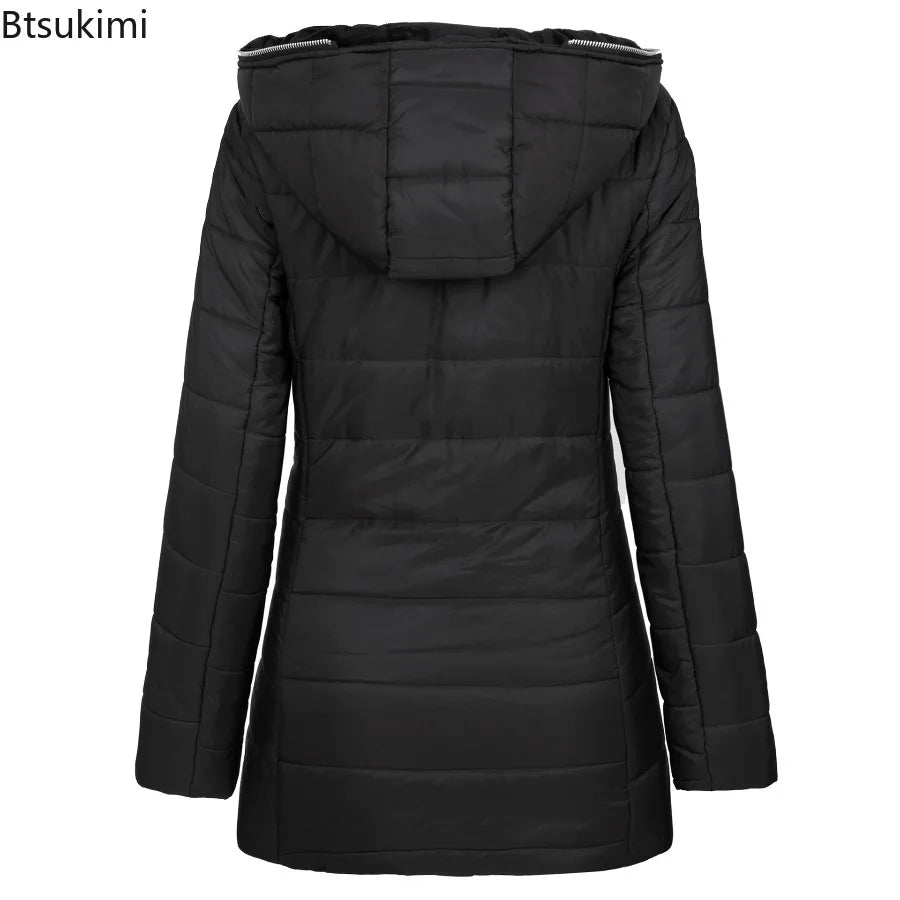 2025 Women’s Winter Parka – Hooded Solid Zipper Midi Coat with Pockets, Slim Fit Long Sleeve Warm Casual Jacket