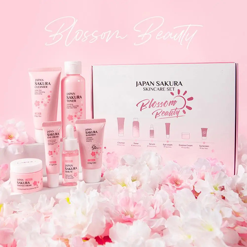 6PCS Sakura Skincare Set – Face Cream, Serum, Toner, Cleanser, Sunscreen & Eye Cream in Gift Box