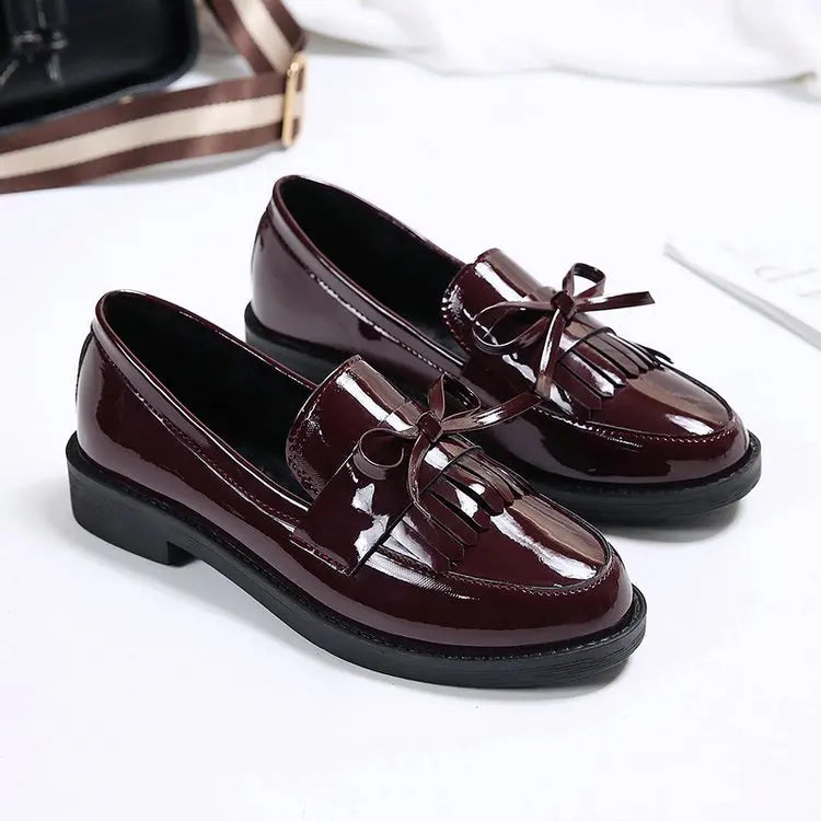 Women’s Patent Leather Loafers – British Style Tassel Bowknot Flat Shoes, Comfortable Casual Small Leather Shoes for Women Zapatos