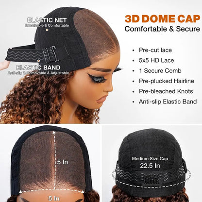Deep Wave Honey Blonde Bob Wig — Glueless Human Hair Curly Wig, Pre-Plucked & Pre-Cut Ombre HD Lace Front, Highlight Wear-and-Go