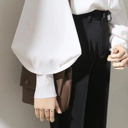 Women’s Spring & Autumn Blouse — Loose Shirt with Long Lantern Sleeves and Stand Collar