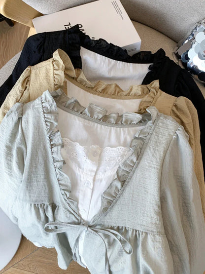 Casual Women’s Lace Collar Shirt – Sweet Fake Two-Piece Long Sleeve Top, Autumn 2024 Fashion