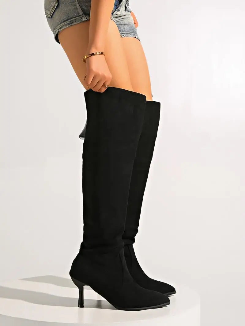 2025 Women’s Retro Black Suede Knee-High Boots – Pointed Toe, High Heel, Plus Size