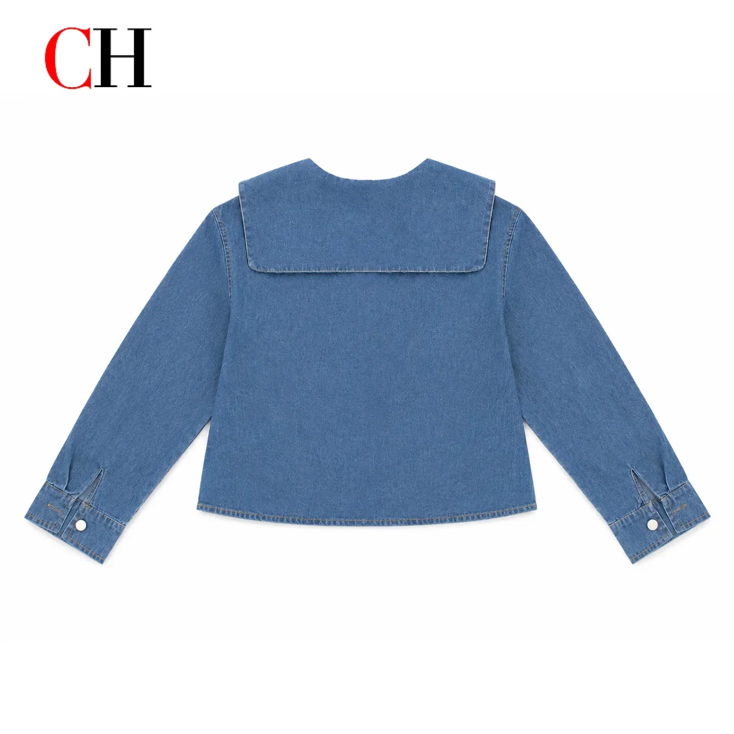 Women’s Sailor Lapel Cropped Denim Shirt - Wide Fit Embroidered Long Sleeve Casual Office Top