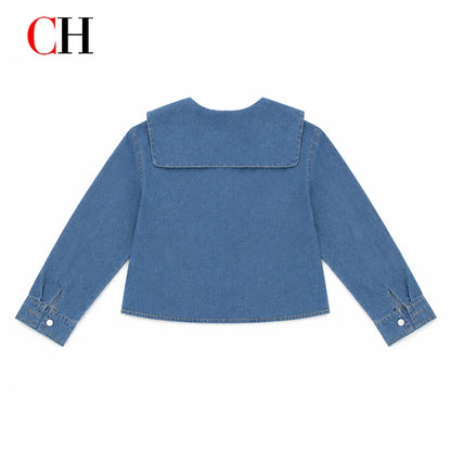 Women’s Sailor Lapel Cropped Denim Shirt - Wide Fit Embroidered Long Sleeve Casual Office Top