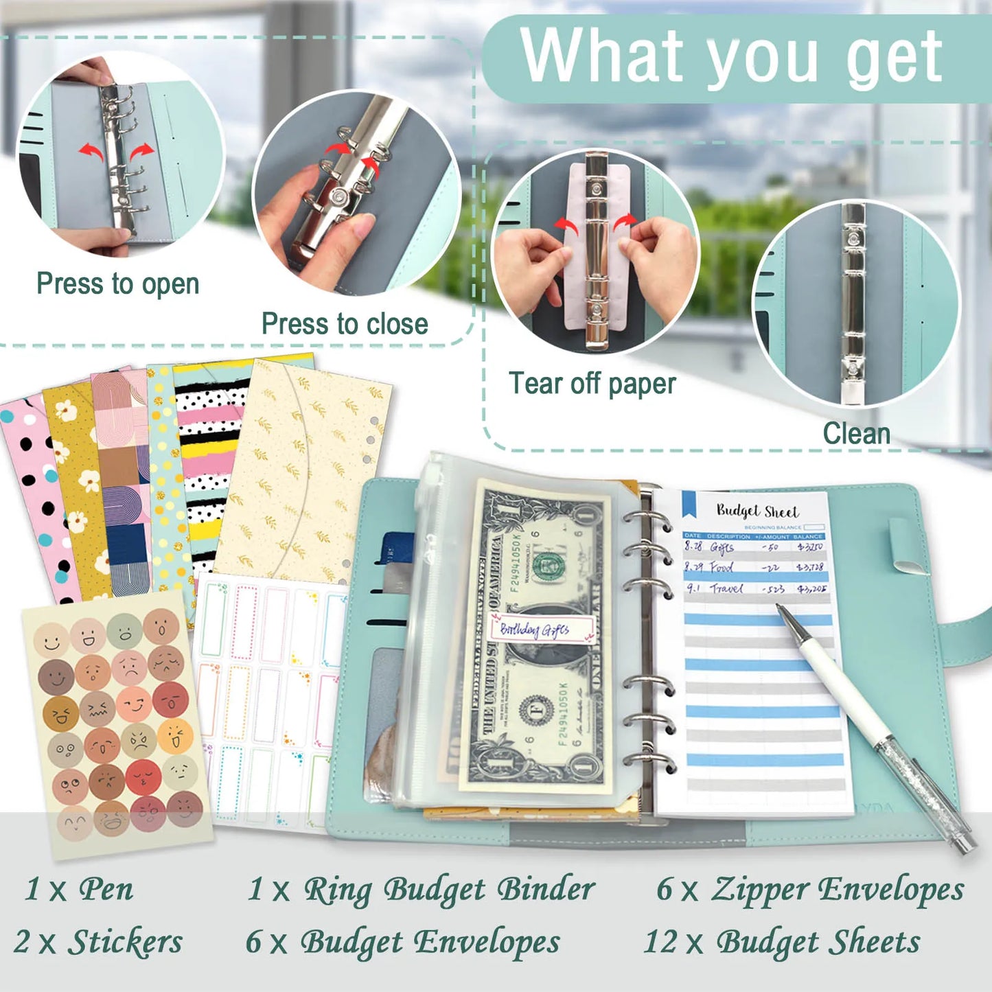 Budget Binder with Zipper Envelopes, Cash Envelopes, PVC Pockets, Stickers & Pen - Complete Budgeting Tool