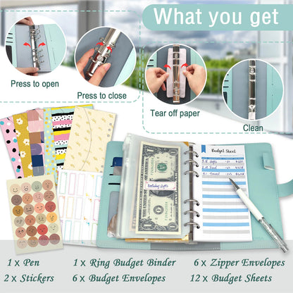 Budget Binder with Zipper Envelopes, Cash Envelopes, PVC Pockets, Stickers & Pen - Complete Budgeting Tool
