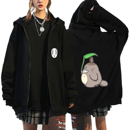 Ghibli No-Face Black Hoodie for Women – Anime Cotton Long Sleeve Streetwear Jacket, Autumn/Winter Cosplay