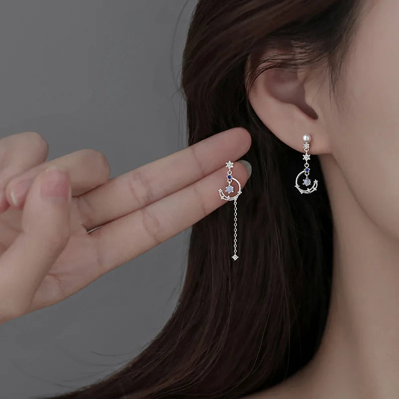 Pearl Moon Asymmetric Earrings - Butterfly Flower Zircon Drop Jewelry for Women Weddings