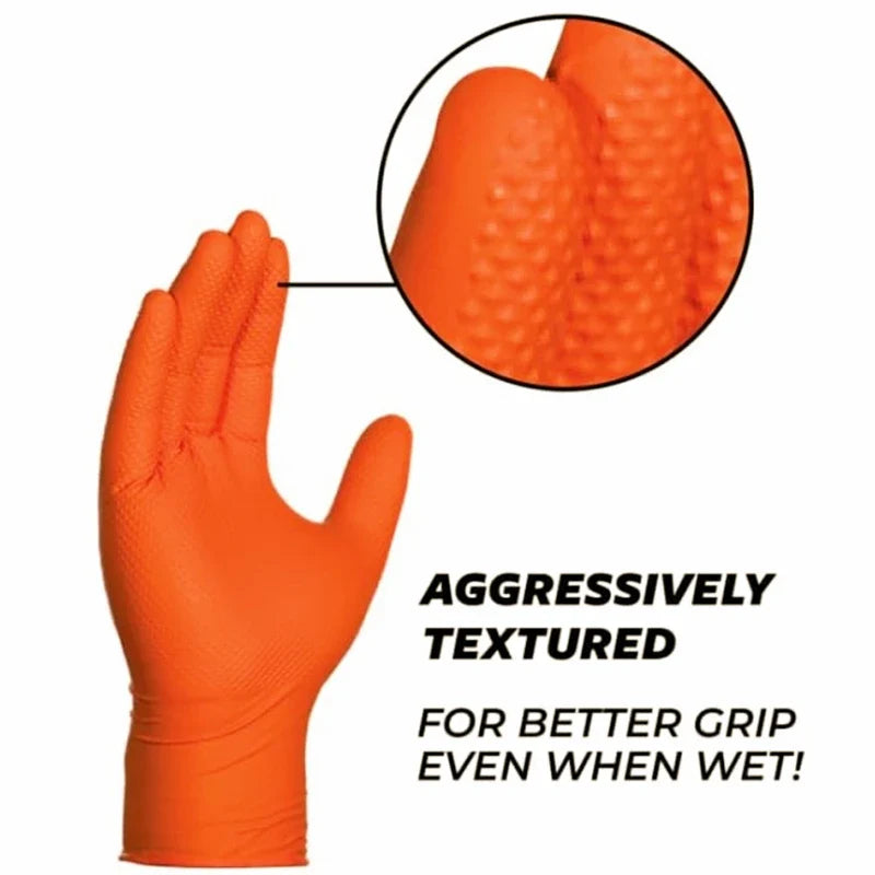 Heavy Duty Orange Nitrile Gloves 8Mil – Industrial Disposable Work Gloves with Diamond Grip for Mechanic Safety