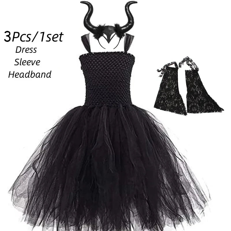 Girls’ Evil Queen Tutu Dress - Handmade Black Mesh Princess Halloween Cosplay Costume