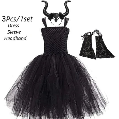 Girls’ Evil Queen Tutu Dress - Handmade Black Mesh Princess Halloween Cosplay Costume