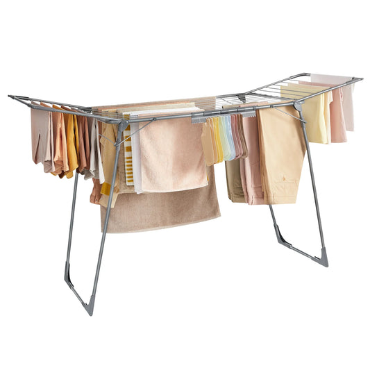 SONGMICS Foldable Gullwing Clothes Drying Rack – Space-Saving Laundry Rack with Sock Clips, 22.2"x68.1"x38"