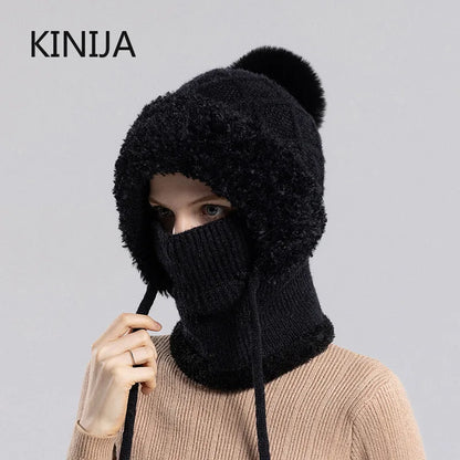 Women's Winter Velvet Knitted Woolen Balaclava - Fluffy Ear Protection Mask with Integrated Neck Warmer, Hooded Cap for Ladies