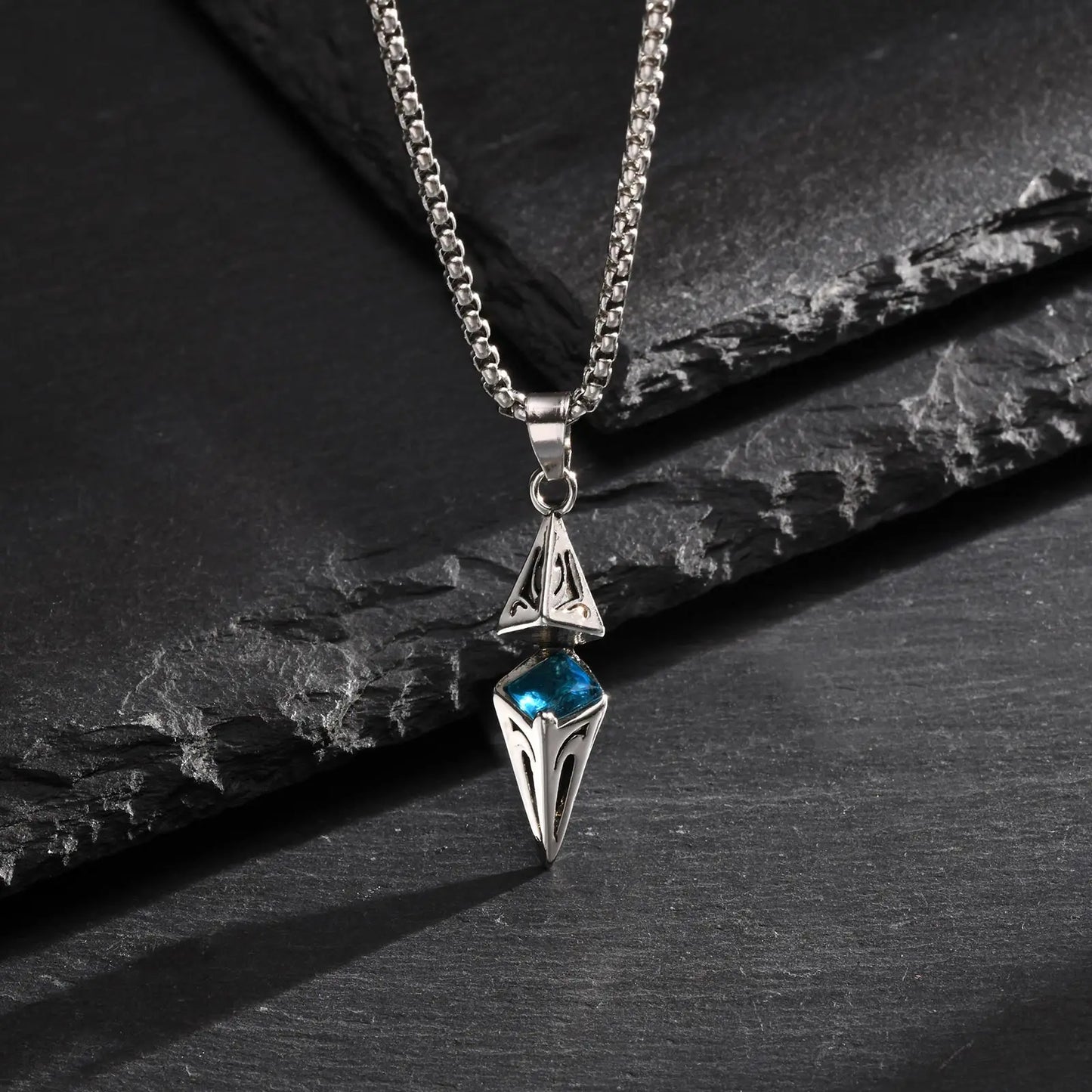 Stylish Blue Stone Necklace – Geometric Stainless Steel Pendant for Men & Women, Perfect Valentine's & Birthday Gift