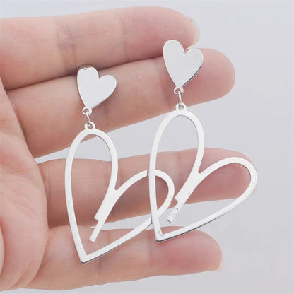 2024 Trendy Heart Dangle Earrings — Double-Layer Love Pendants for Women, Bohemian Hanging Ear Jewelry