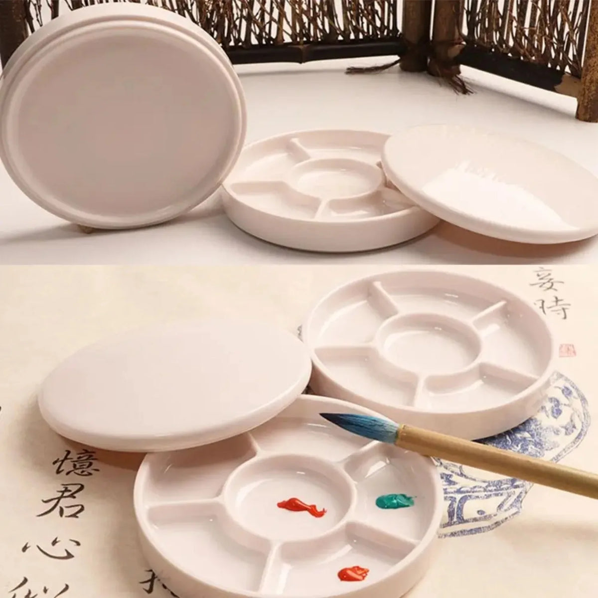 Imitation Porcelain Round Paint Palette with Lid – White Acrylic & Watercolor Tray for Artists
