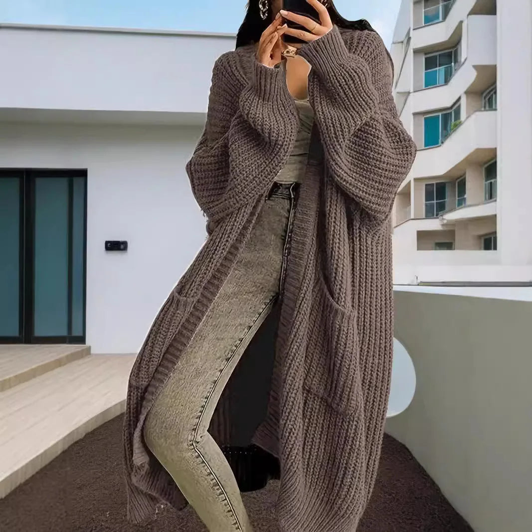 Solid Color Casual Knit Sweater Long Cardigan Coat – Women's Autumn & Winter Lazy Loose Knitwear Coat with Pockets, Y2K Style