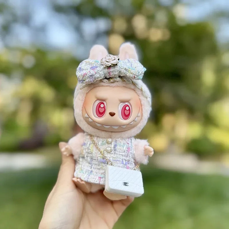 Cute 17cm Labubu Idol Doll Outfit – Camellia Dress, Bag & Shoes Set for Mini DIY Monster Sitting Party Collection