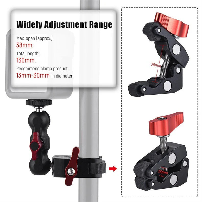Super Clamp Camera Mount with 360° Ballhead Magic Arm - Double Ball Head Adapter for DSLR, GoPro, LED Lights, & Phone