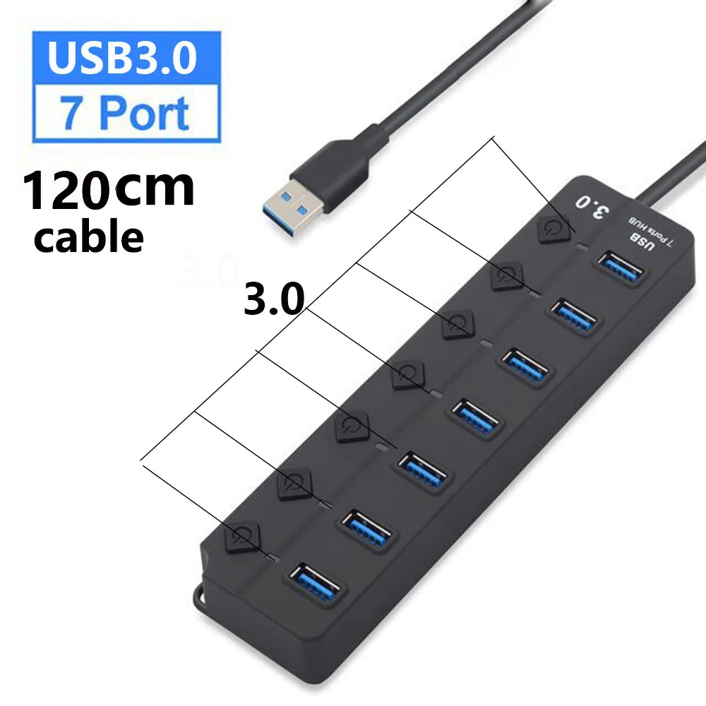 USB 3.0 Hub — 7-Port High-Speed Splitter with Power Adapter, Switch & Long Cable Expander