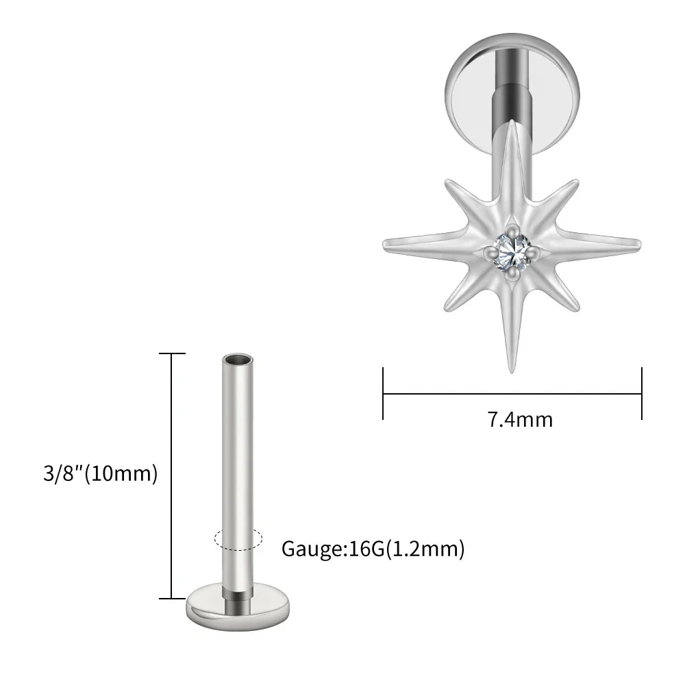 Right Grand ASTM F136 Titanium CZ North Star 16G Flat Back Earring – Tiny Starburst Helix, Cartilage & Earlobe Stud Piercing Jewelry