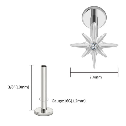 Right Grand ASTM F136 Titanium CZ North Star 16G Flat Back Earring – Tiny Starburst Helix, Cartilage & Earlobe Stud Piercing Jewelry