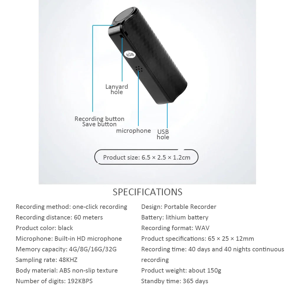 Mini Professional Voice Recorder – Waterproof Digital Audio Dictaphone, Magnetic, Noise Reduction & Long Standby Time