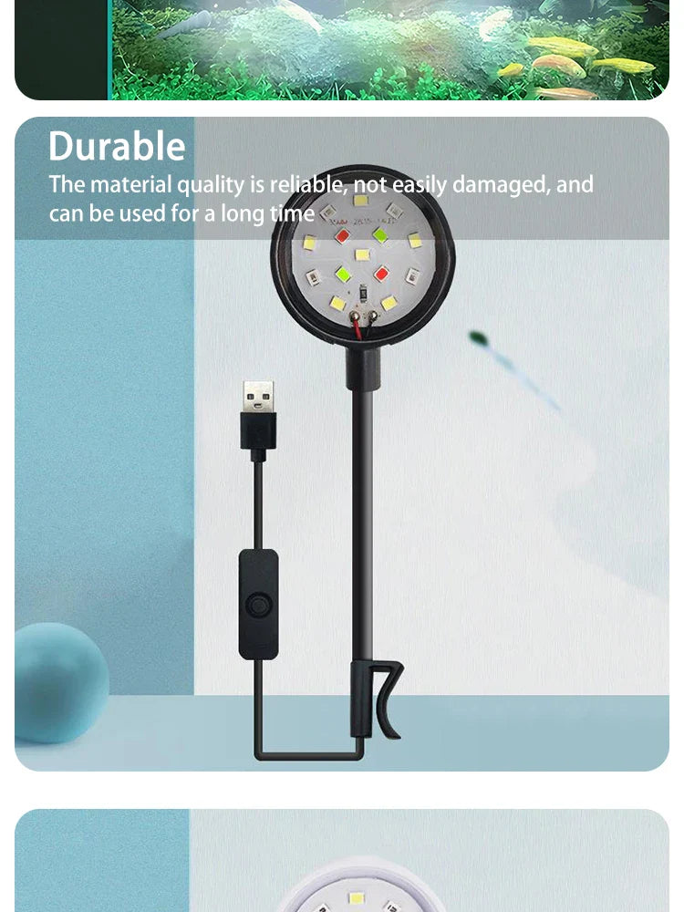 LED Aquarium Light with Adapter – Clip-On Full Spectrum USB Light, 360° Rotating for Fish Tanks