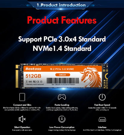 Bestoss NVMe M.2 SSD – 256GB, 1TB Internal Solid State Drive for Notebook, Gaming PC, Laptop