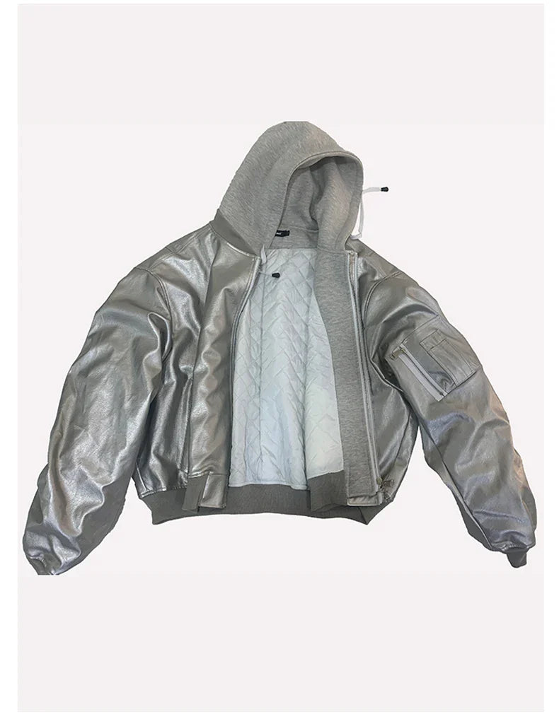 Mauroicardi Autumn Winter Oversized PU Leather Bomber Jacket for Men - Thickened Warm Hooded Luxury Designer Coat