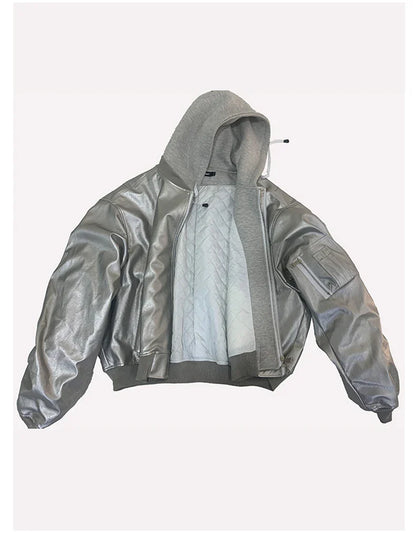 Mauroicardi Autumn Winter Oversized PU Leather Bomber Jacket for Men - Thickened Warm Hooded Luxury Designer Coat
