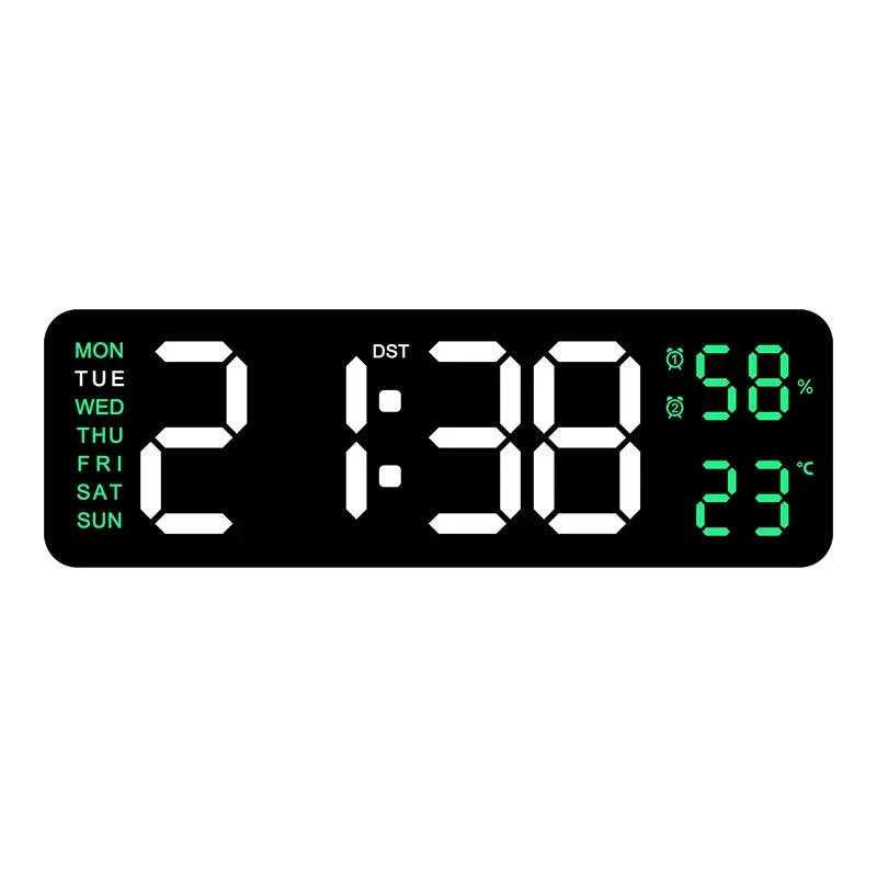 9-Inch Digital Wall Clock — USB Powered LED Table Clock with Temperature, Humidity, Week Display, Auto Dimmer, DST, 12/24H & Alarm