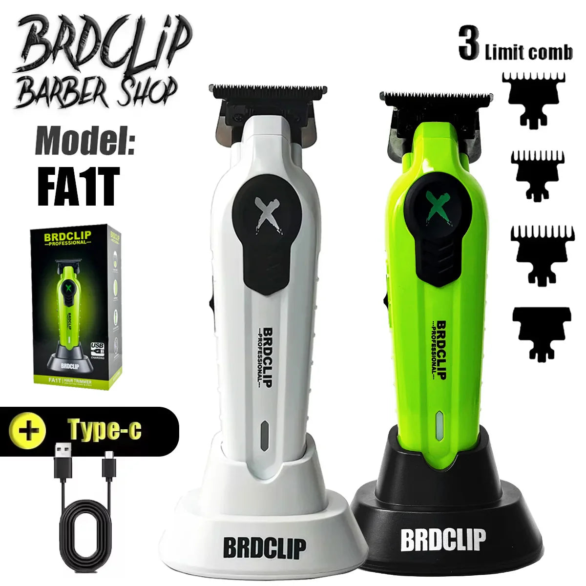 2025 BRDCLIP FA1T Green Professional Hair Trimmer — Barber Carving Electric Clipper with Gradient Finish & Charger Stand