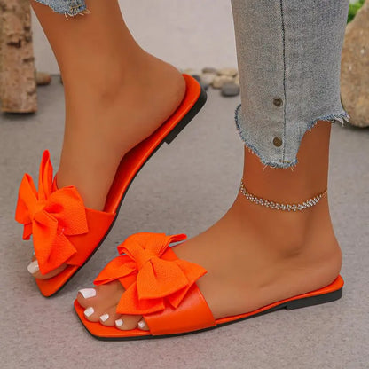 Women's Bow Tie Flat Slippers - Casual Summer Beach Sandals