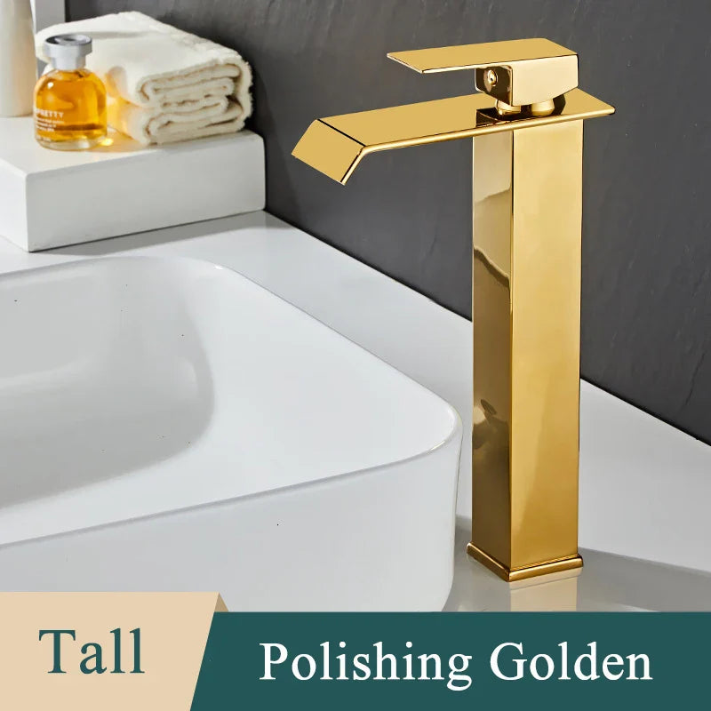 Bathroom Basin Sink Faucet - Deck Mount Waterfall Spout Tap with Single Handle, Hot & Cold Water Mixer for Vanity Washbasin