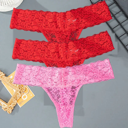 3PCS Lace Floral Women’s Panties - Low Waist Breathable Briefs & Thong, Sexy G-String Transparent Underwear (M-2XL)